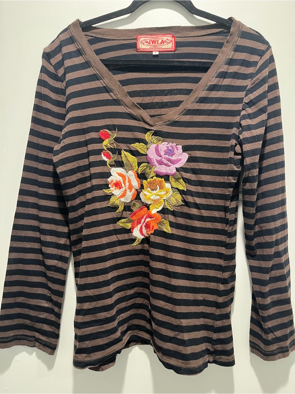 Johnny Was Striped V-Neck Long Sleeve Top with Floral Embroidery - Brown/Black